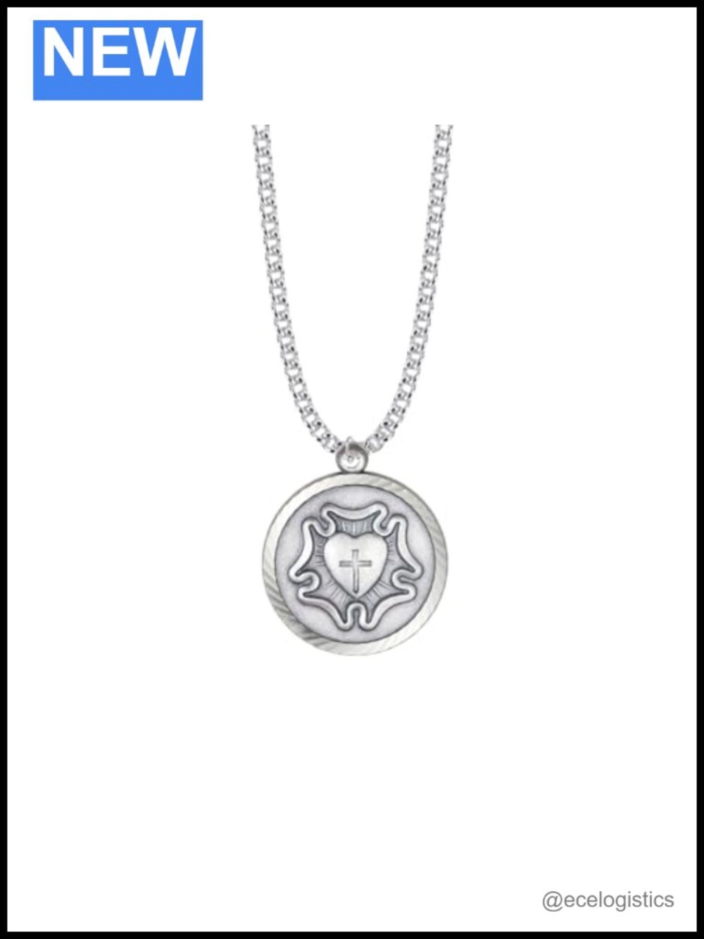 Lutheran Rose Medal Pendant Necklace Nickel Silver Antique Finish 24 Inch Chain